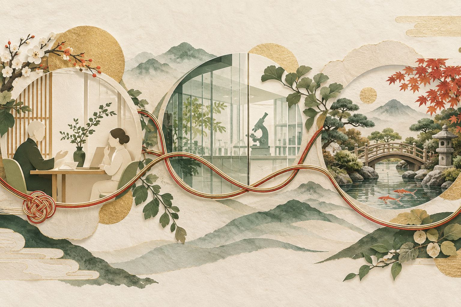 Minh họa dây kết mizuhiki nối không gian tư vấn, nghiên cứu và chăm sóc tại Nhật Bản