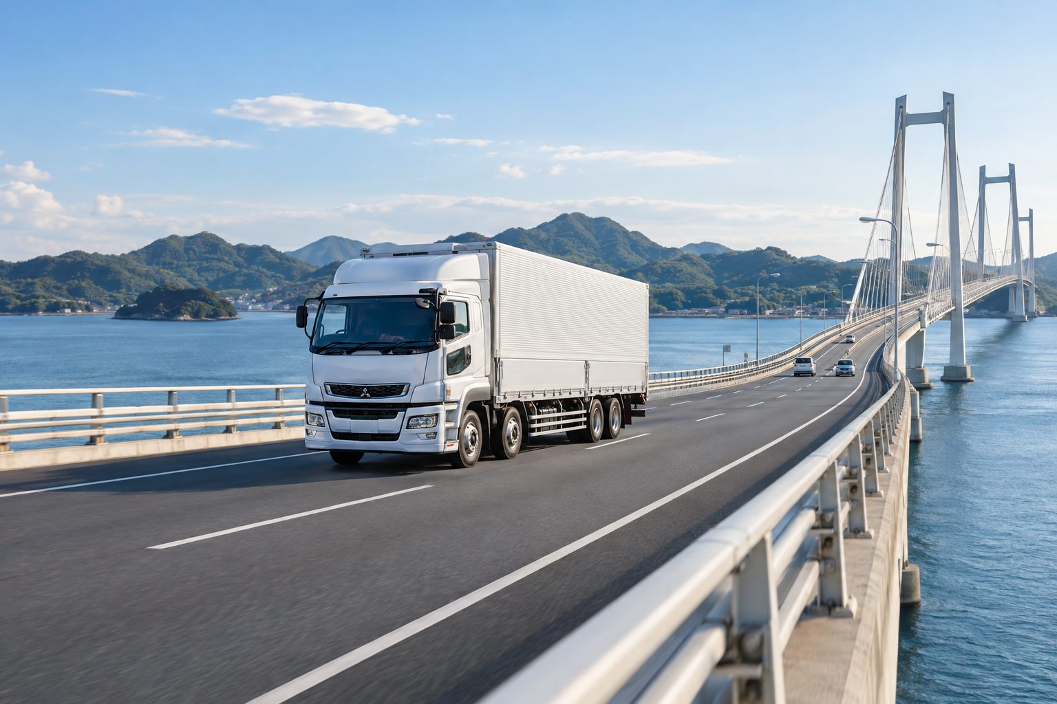 Xe vận tải băng qua cây cầu ven biển ở Nhật Bản